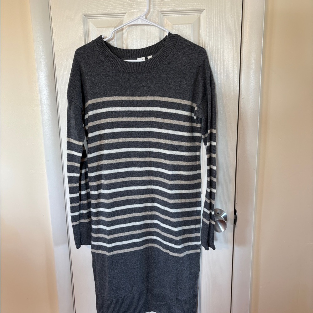 GAP - Striped Long Sleeve Crewneck Sweater Dress - Charcoal & Cream